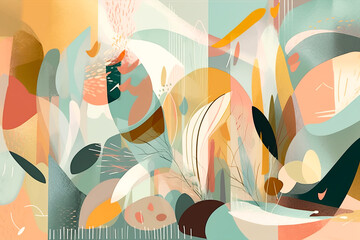 Creative generative AI pastel colored illustration of leaves and flowers as abstract background