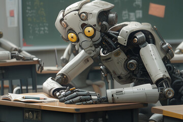 A stressed robot teacher in a classroom. generative AI