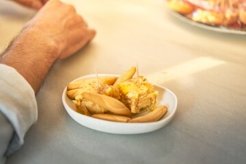 Appetizing close-up of delicious Spanish potato omelette tapa.