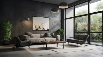 Light living room interior with couch and armchair with panoramic window