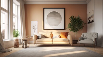 Light living room interior with couch and armchair with panoramic window