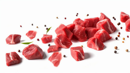 falling diced beef meets cubes of raw beef on white background