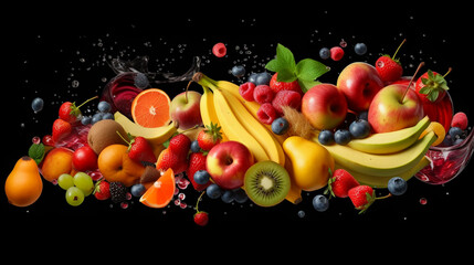 falling fruits and berries on black background