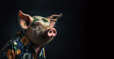 Pig wearing a flower print shirt, in the style of photorealistic portraits, tropical symbolism with a dark background. Generative AI