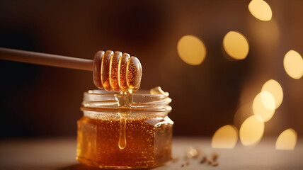 A jar of honey with a honey dipper being poured into it