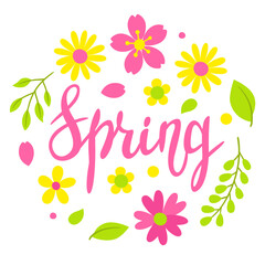 Background with spring flowers. Beautiful decorative natural plants, buds and leaves.