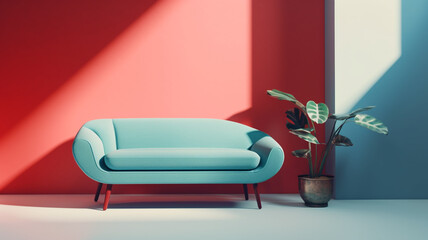 A blue couch in a bright room with a plant next to it.