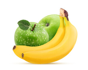 Two green apple with leaf and banana