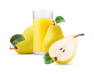 Glass of freshly squeezed pear juice and yellow pears one cut in half with green leaf