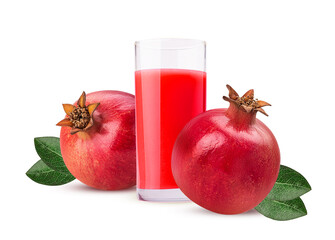 Glass of freshly squeezed pomegranate juice and pomegranate with green leaf