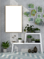 Mockup poster frame in the interior background with a plant. AI Generative