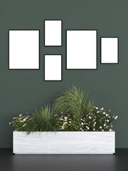 A modern interior design with five empty frames and plants. AI Generative