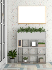 Interior of modern living room with empty mockup poster and plant. AI Generative