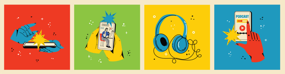 Podcast recording and listening, broadcasting, online radio, audio streaming service concept. Hand drawn vector isolated illustrations of headphones, microphone, laptop, equalizer, speech bubbles.