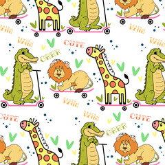 seamless pattern with animals, colorful doodle wild animals and words pattern