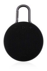 Wireless speaker on a white background. Round music speaker close-up.