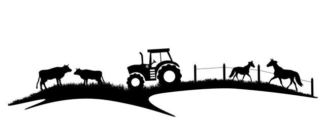 Farm farming agriculture landscape background banner panorama vector illustration symbol for logo - Black silhouette of cows, tractor and horses on field, isolated on white background. © Corri Seizinger
