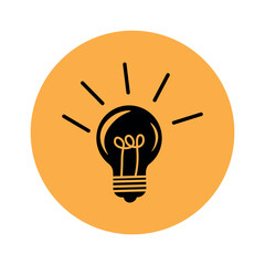 Glowing light bulb icon on orange background. Silhouette of a glowing light bulb on an orange background in the form of a circle