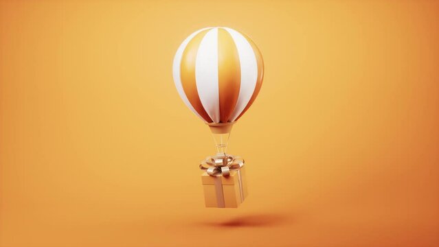 Loop animation of hot air balloon and gift box, 3d rendering.