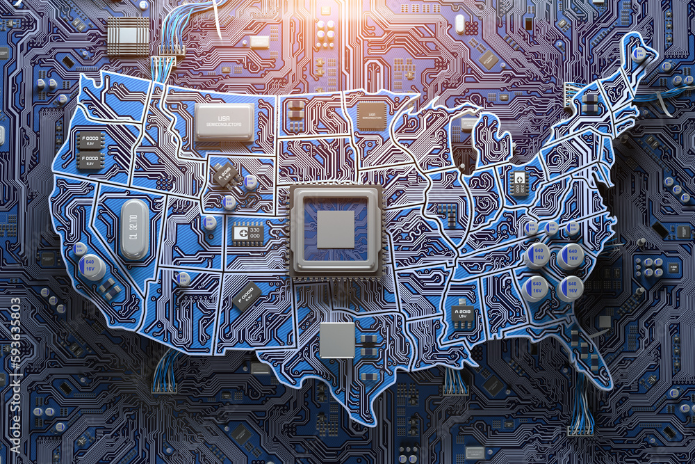 Poster USA semiconductor industry, computer chips manufacturing  and artificial intelligenceconcept. Motherboard with CPU processor in form of map of United States.
