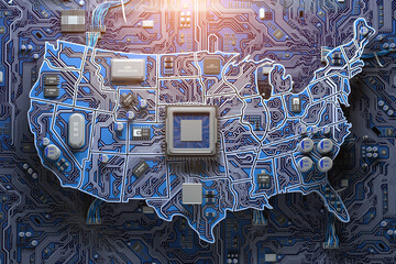 USA semiconductor industry, computer chips manufacturing  and artificial intelligenceconcept. Motherboard with CPU processor in form of map of United States.
