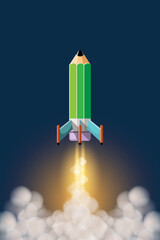 Cartoon vector illustration education concept. Pencil rocket soaring into beautiful space