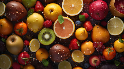 mixture of fresh fruits with water bubbles soda cider generative ai