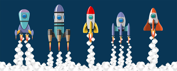 Cartoon vector illustration Rocket launch isolated images set.