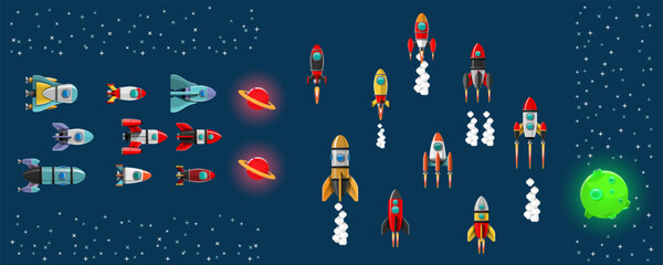 Cartoon vector illustration Rocket launch isolated images set.