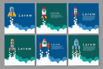 Cartoon vector illustration Rocket launch isolated images banner set.