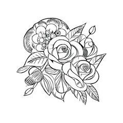 Beautiful Roses Coloring Book, Roses Coloring page, Roses line art, Outline flowers, Doodles in black and white, Flowers Coloring Book,Vector illustration