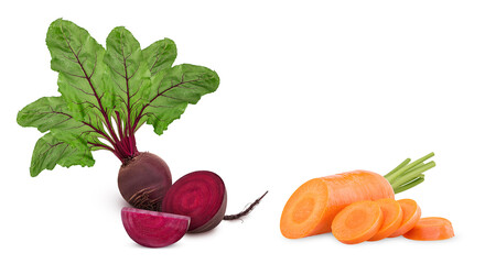 Fresh red beet root one cut in half and slice with green leaf and carrot