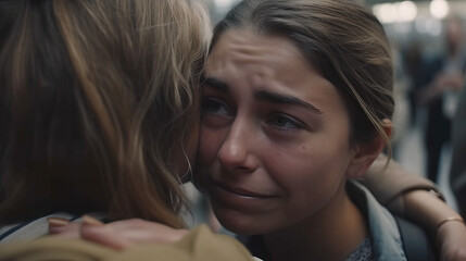 Beautiful kind daughter crying while saying goodbye to her mother at the airport. Generative AI