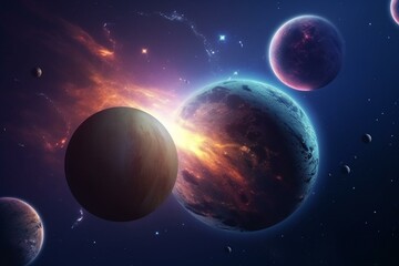 Fototapeta na wymiar Far deep space fantasy nebula with planets. Generative AI