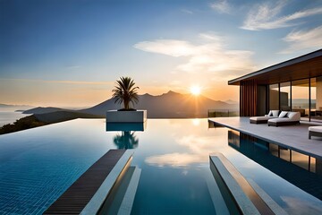 Fototapeta na wymiar Luxury Infinity Pool Mountain View Sunset Real Estate