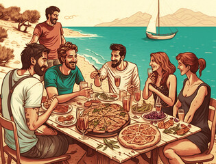 An Illustration of Friends Enjoying a Day at the Beach in Greece | Generative AI