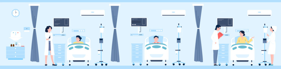 Hospitalized patient in intensive therapy clinic. Hospital patients, doctor and nurse. Emergency help, medical healthcare recent vector scene