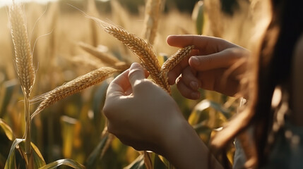 Free and happy woman watching and enjoying in a wheat field. Generative AI