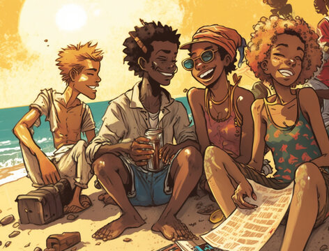 An Illustration of Friends Enjoying a Day at the Beach in Cape Verde, with Cachupa, Grogue, and Batuku Music | Generative AI