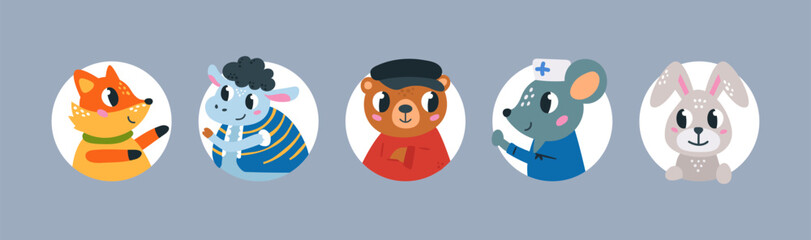 Forest and farm animals cartoon. Animal avatars, funny bear, bunny, fox, sheep and mouse. Children wild characters, vector decorative mascots