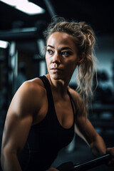 Fototapeta premium Portrait of a woman doing exercises in the sport gym. Health and fitness advertising poster and campaign. Created with Generative Ai