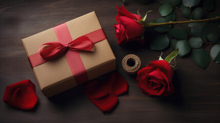 Beautiful Kraft Gift box with red ribbon and rose, concept of Valentine's, anniversary, mother's day and birthday greeting, generative ai