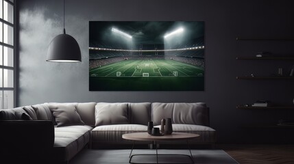 "A photo-realistic image of a football stadium with lights in the grass, perfect for projects highlighting sportsmanship and excitement, featuring atmospheric dark gray, emerald hues, and mist element