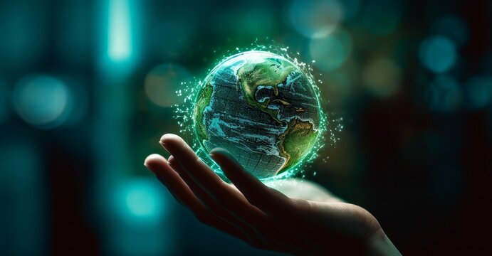 Shaped canvas featuring a hand holding Earth, perfect for projects highlighting environmental stewardship and global unity, with green academia and oshare kei influences, and a stunning bokeh effect