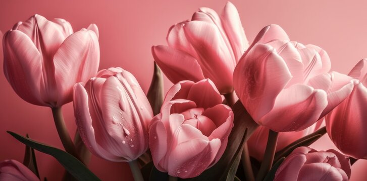 A romantic photorealistic pastiche of pink tulips on a red background, perfect for projects capturing love and romance, styled with colorful woodcarvings and pastel colors