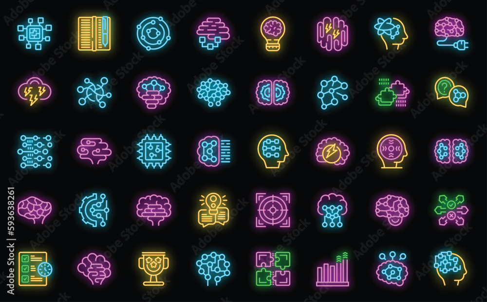 Poster brainstorm icons set outline vector. business process. brain solution neon color on black