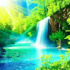 Waterfall, river, forest, morning sun.