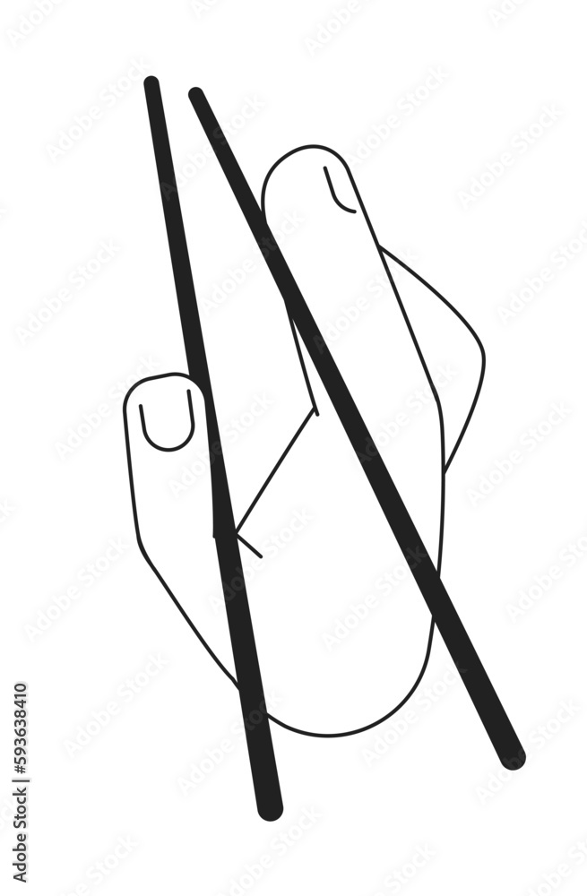 Poster properly holding chopsticks monochromatic flat vector first view hand. use hashi right handed correc