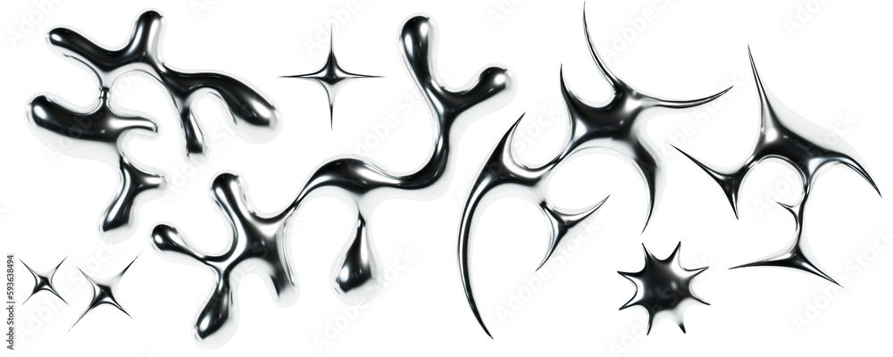Fototapete 3d chrome metal organic fluid shapes and stars. Abstract liquid mercury metallic icon. 3d rendering aluminum gradient shape design element isolated on white background. Brutalist futuristic style.