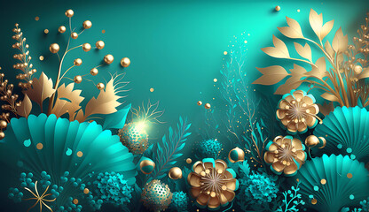 Fototapeta na wymiar Floral wallpaper. Gold and turquoise. Copy space. Banner. Generative AI